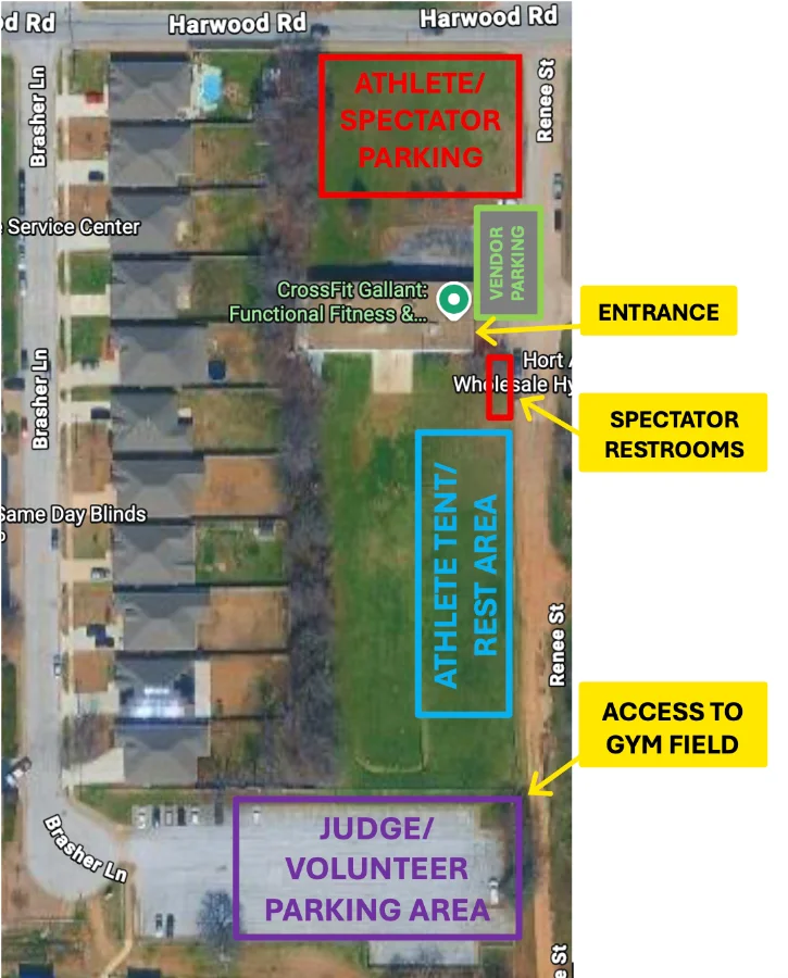 Aerial parking map for CrossFit Gallant — athlete/spectator parking off Harwood Rd, vendor parking and entrance, spectator restrooms, athlete tent/rest area, and judge/volunteer parking off Brasher Ln